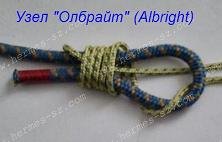 Albright. Олбрайт (для соединения лесок с большой разницей диаметра). Из лески большего диаметра делают открытую петлю длиной 8-10 см и зажимают пальцами. Сквозь петлю пропускают ходовой конец тонкой лески и делают шлаг вокруг петли из толстой лески, который зажимают пальцами.