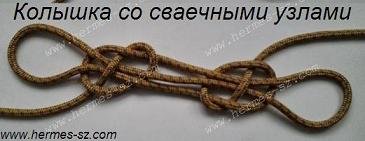 Колышка со сваечными узлами.   В английском морском языке этот узел называется Sheepshank, что означает баранья ляжка. Такое название узел получил у англичан ввиду внешнего сходства его формы с бараньей ногой. 